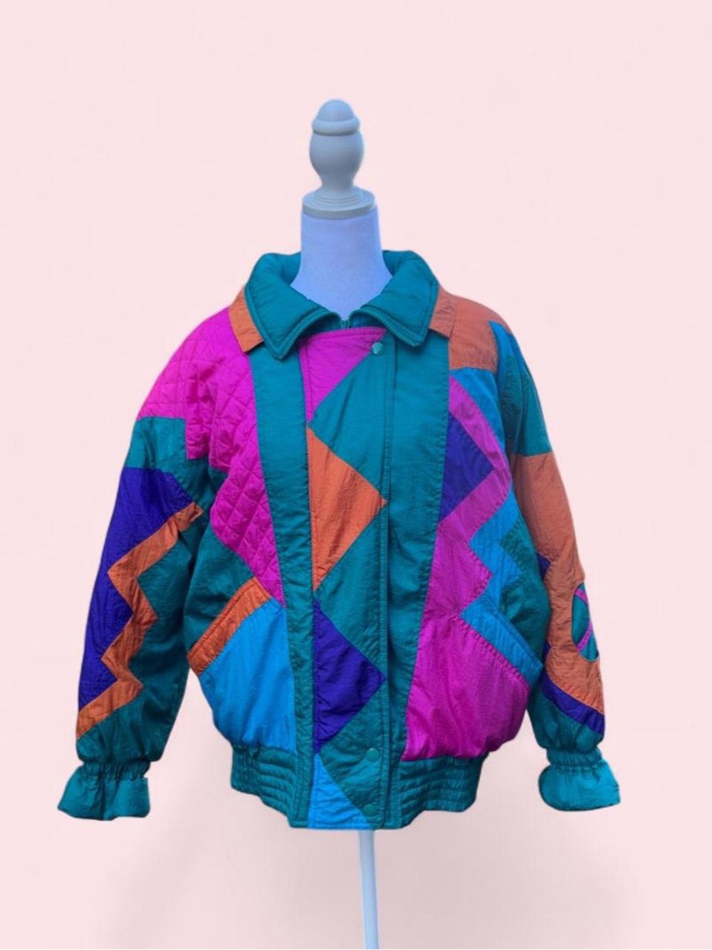 Colorblock Quilted Windbreaker Ski Jacket - Mixed Blues 80s Geometric Pattern